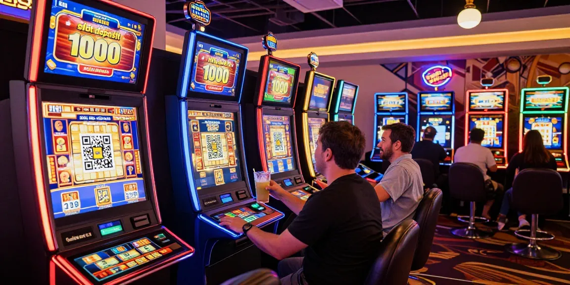 A player enjoying a lively slot deposit 1000 experience at an online casino with vibrant machines and festive atmosphere.