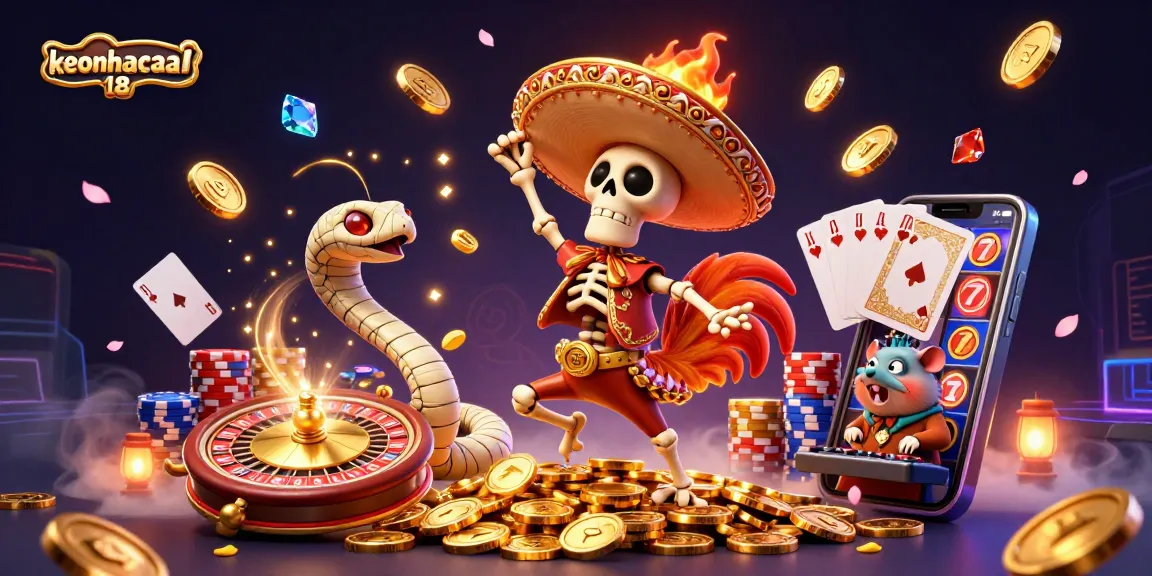 Celebrate big wins with keonhacai 18 as a mariachi rooster dances amid casino riches.