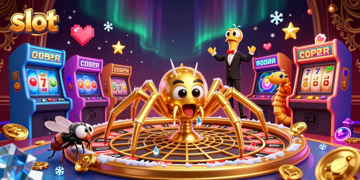 Experience thrilling slot spins with a golden spider theme in this vibrant 3D casino illustration.