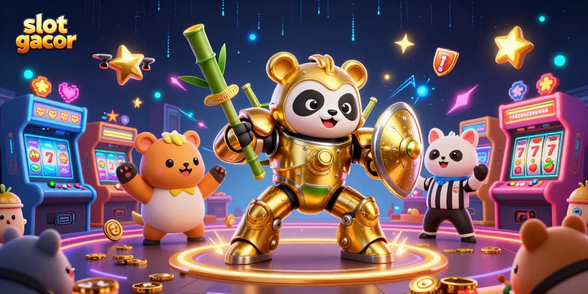 Menang di slot gacor dengan panda emas bertarung dalam arena permainan yang ramai.