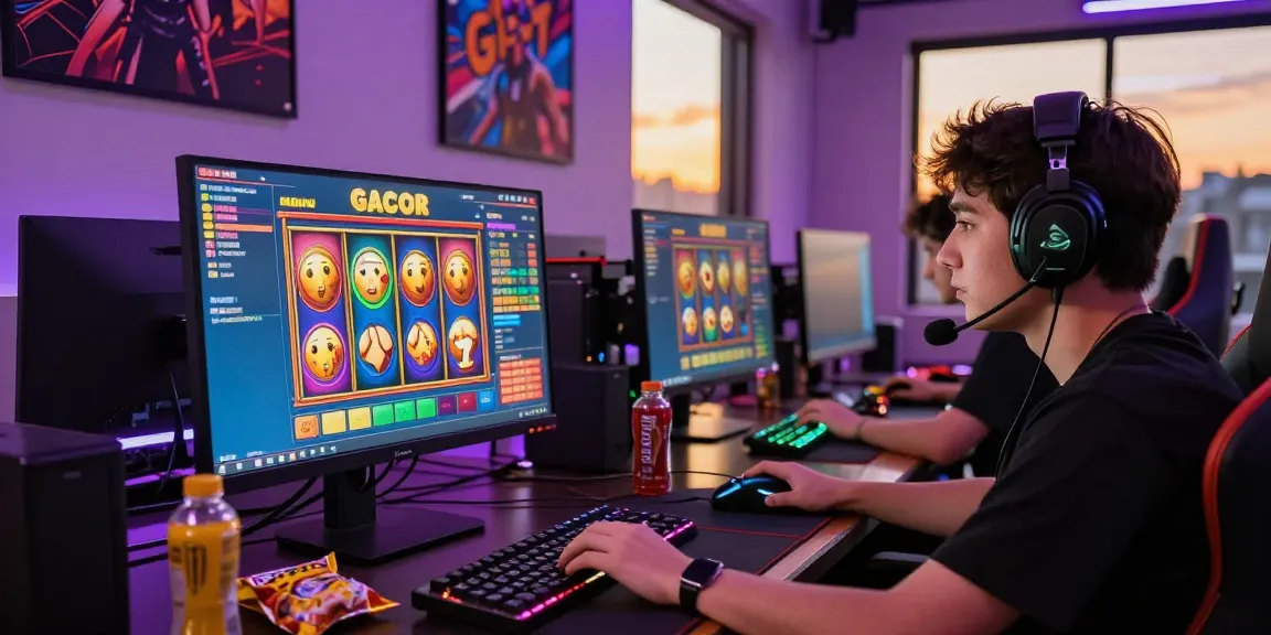 Player engaged in slot gacor game, showcasing vibrant gaming environment and modern setup.