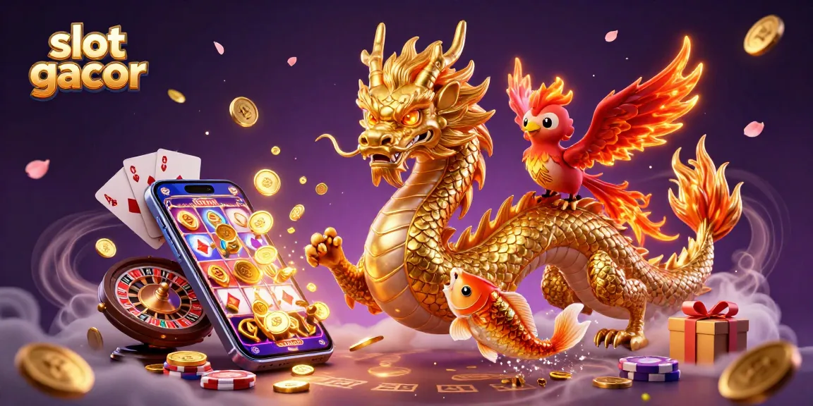 Experience slot gacor excitement with a golden dragon, phoenix, and koi exploding with coins.