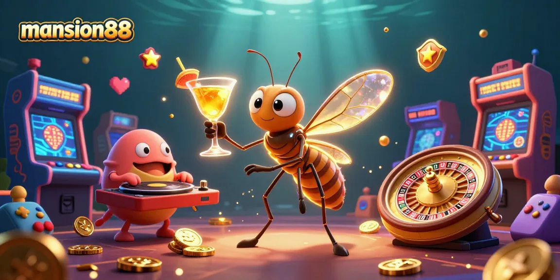 Experience the excitement of mansion88 with a cartoon mosquito casino mascot and a trilobite DJ.