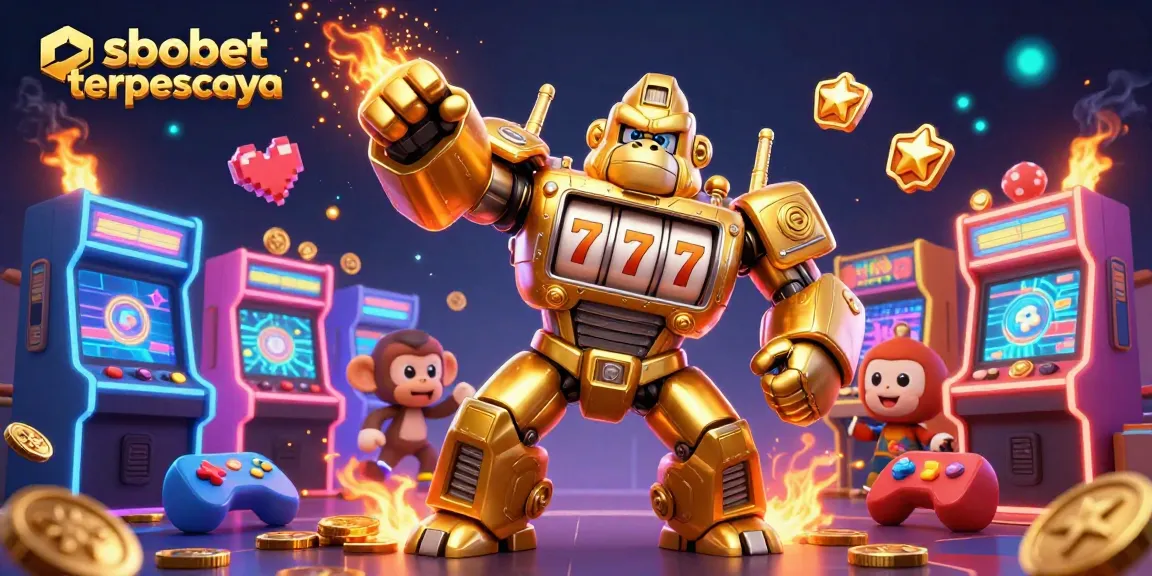 Engage with sbobet terpercaya through an exciting 3D casino illustration showcasing a dynamic golden gorilla mech.