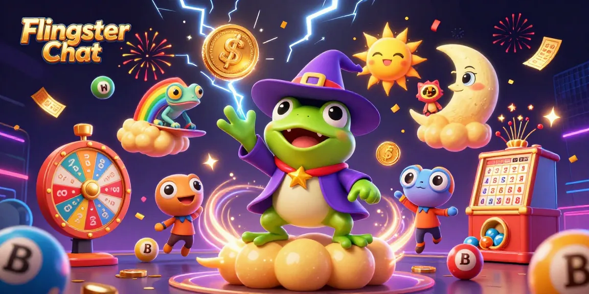 Engage in Flingster Chat with vibrant animated elements, featuring fun characters and casino symbols.