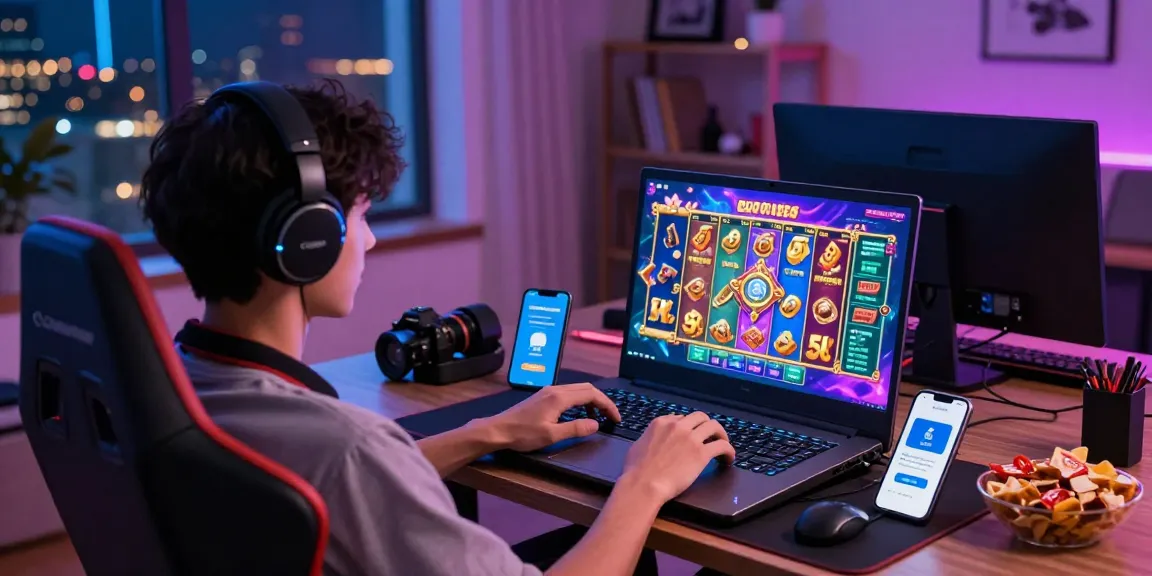 Player engaging with slot depo 5k online game, vibrant graphics, cozy home setup, exciting atmosphere.