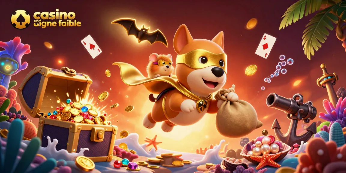 Plongez dans l'univers du casino en ligne fiable avec un chien super-héros et un hamster masqué, entouré de gains et de décorations ludiques.