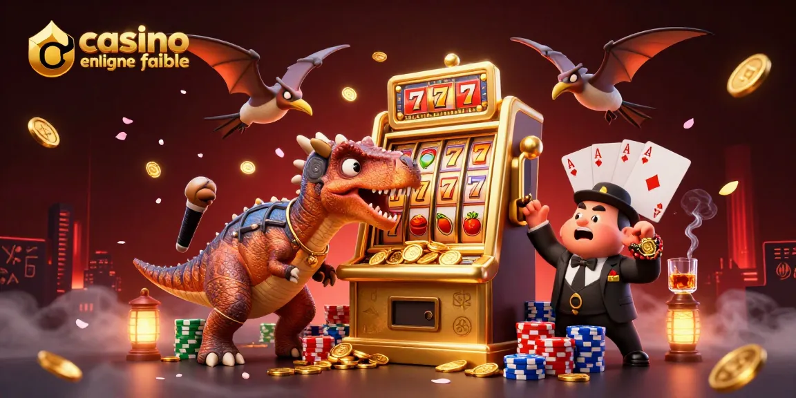 Visualisez le casino en ligne fiable avec un dinosaure et des machines à sous dans une scène dynamique.