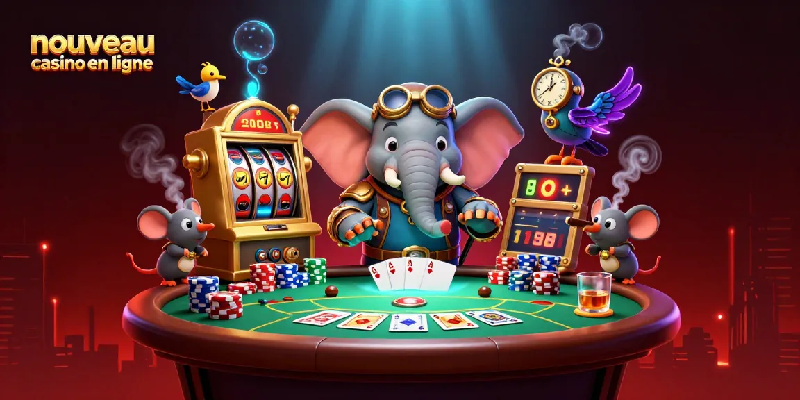 Nouveau casino en ligne: éléphant ingénieur à la machine à sous entouré de jetons de poker colorés