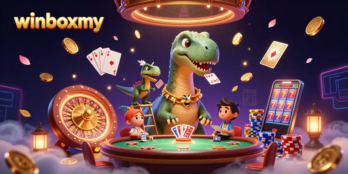 WinboxMY showcases a dynamic casino scene with a brontosaurus and raptor in playful action, emphasizing exciting gambling experiences.