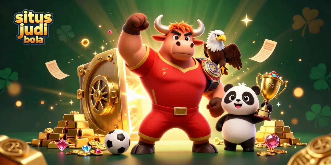 Engaging scene showcasing situs judi bola sports betting with a victorious mascot and dynamic elements.