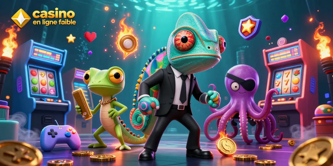 Illustration dynamique représentant un chameleon agent secret et un gecko, symbolisant la confiance d'un casino en ligne fiable.