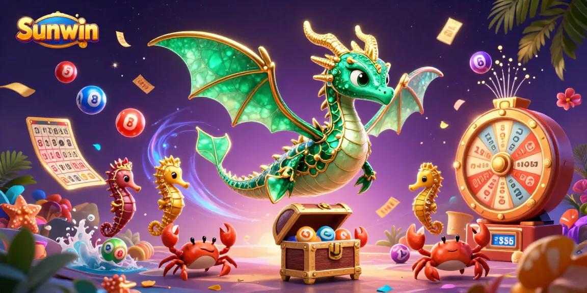Win exciting prizes with Sunwin's vibrant lottery games featuring colorful balls and a treasure dragon!