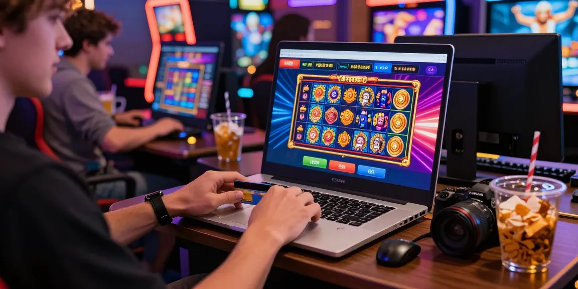 Engaging online gaming scene at spinysoft.co.uk, showcasing vibrant casino graphics and credit card use.