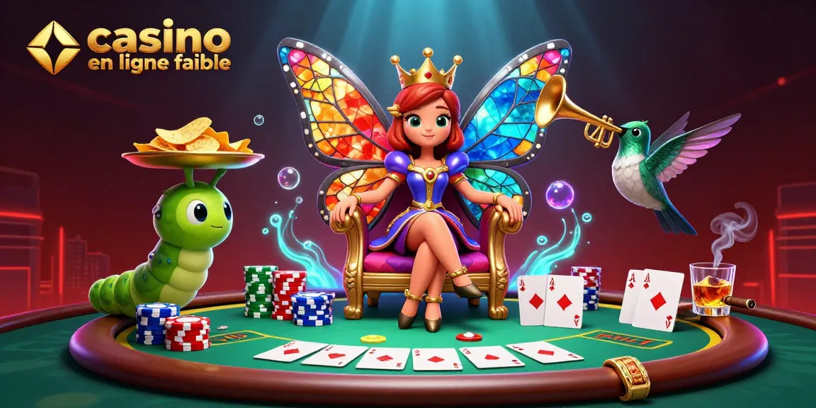 Jouez sur le casino en ligne fiable avec une reine papillon entourée de jetons colorés et une ambiance vivante.