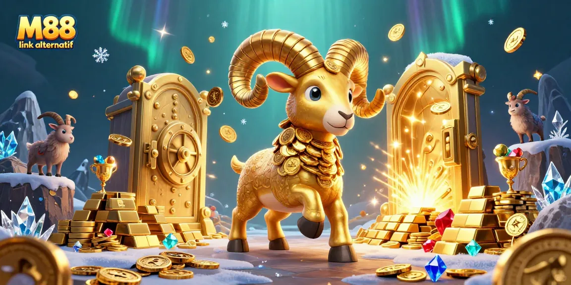 Experience the thrilling action with M88 link alternatif, featuring a golden ram charging through a treasure vault.