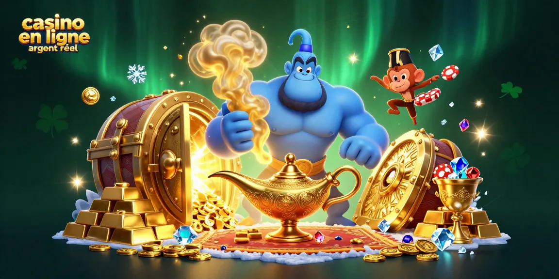 Illustration de casino en ligne argent réel avec un génie 3D sortant d'une lampe magique, des pépites d'or et des jetons de poker.
