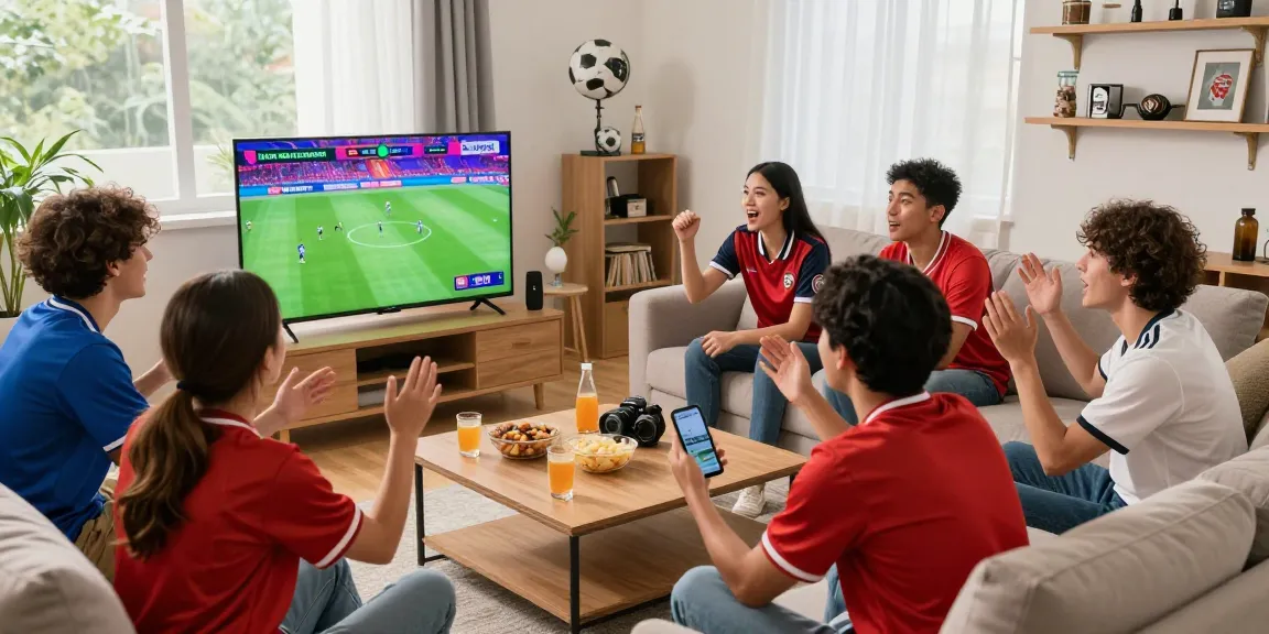 Menonton streaming bola bersama teman di ruang tamu dengan suasana ceria dan penuh semangat.