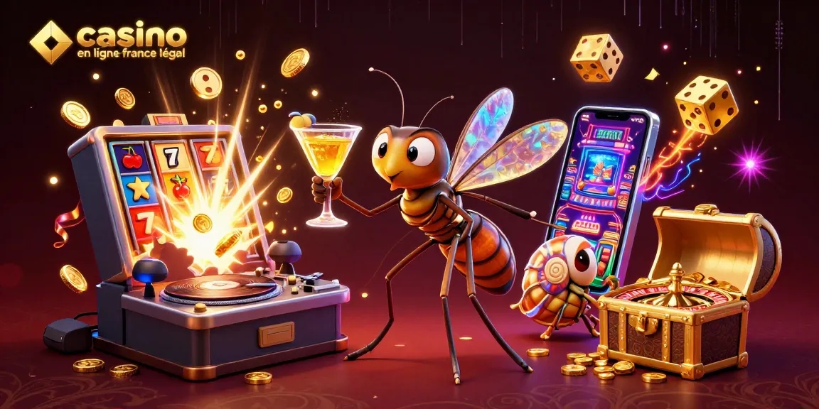 Casino en ligne France légal : un insecte préhistorique à la tête d'un casino actif avec machines à sous et éléments festifs