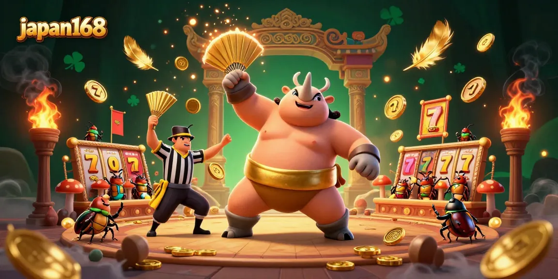 Watch japan168's exciting gameplay with a dynamic illustration of a sumo champion beetle competing amidst flying coins.