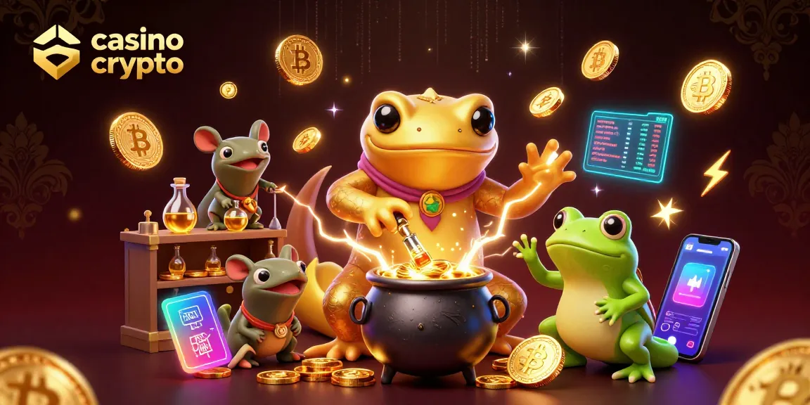 Jouez sur un casino crypto avec une illustration captivante d'un alchimiste et des éléments dynamiques de jeux