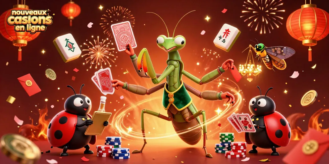 Illustration représentant des nouveaux casinos en ligne, mettant en scène un caméléon jouant aux cartes avec une mante religieuse, entouré d'éléments festifs.