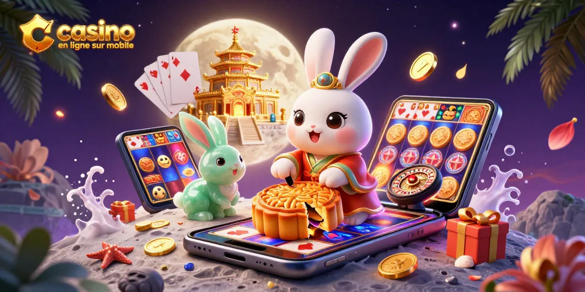 Illustration captivante de casino en ligne sur mobile avec un lapin lunaire et des jetons de poker.
