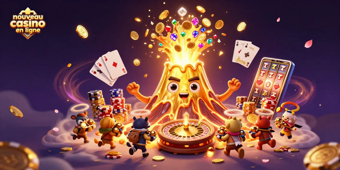 Illustration dynamique d'un nouveau casino en ligne avec un volcan doré et des trésors éparpillés.