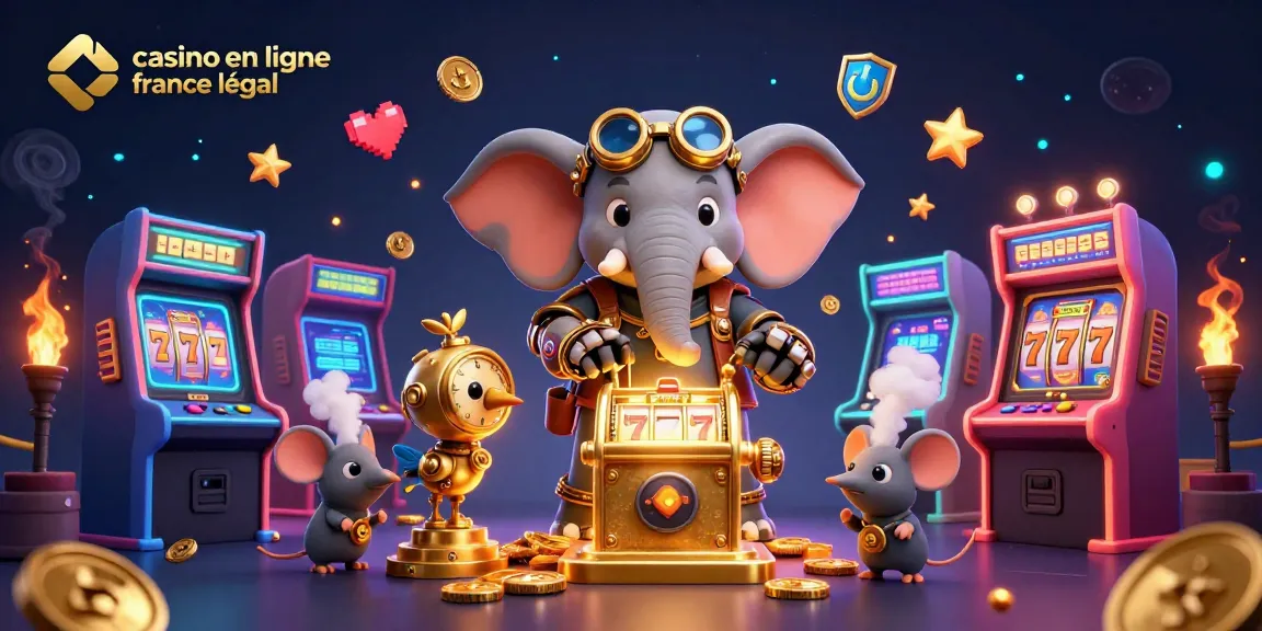 Illustration ludique d'un ingénieur éléphant avec une machine à sous dorée pour casino en ligne France légal