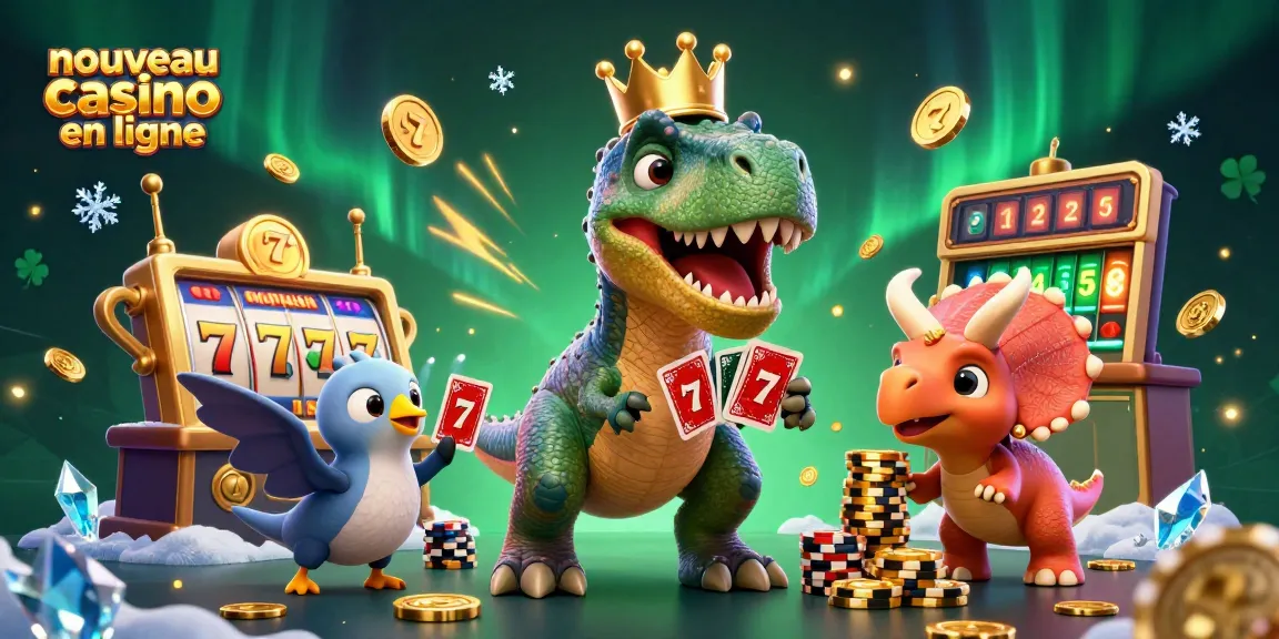 Le nouveau casino en ligne présente une illustration colorée avec un T-Rex jouant aux cartes et un tricératops empilant des jetons.