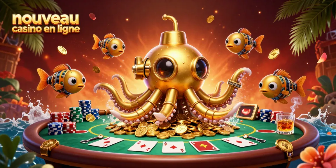 Plongez dans le monde du nouveau casino en ligne avec cette illustration dynamique du kraken et du poker.